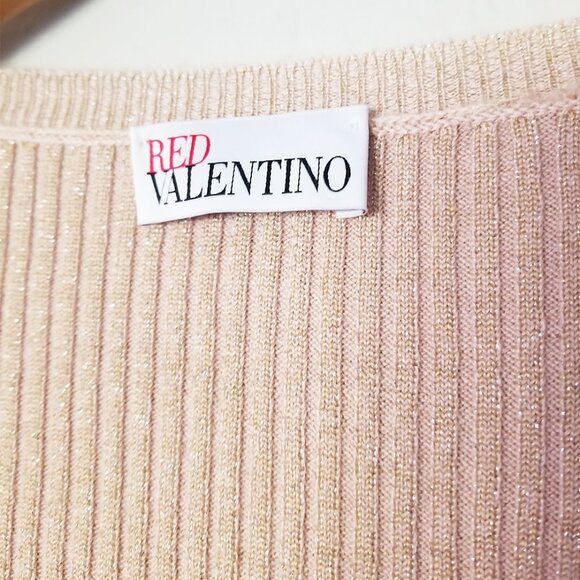 RED Valentino Champagne Rose Gold Lurex Rib Knit Bow Ruffle Fitted Sweater Wool - Picture 5 of 16